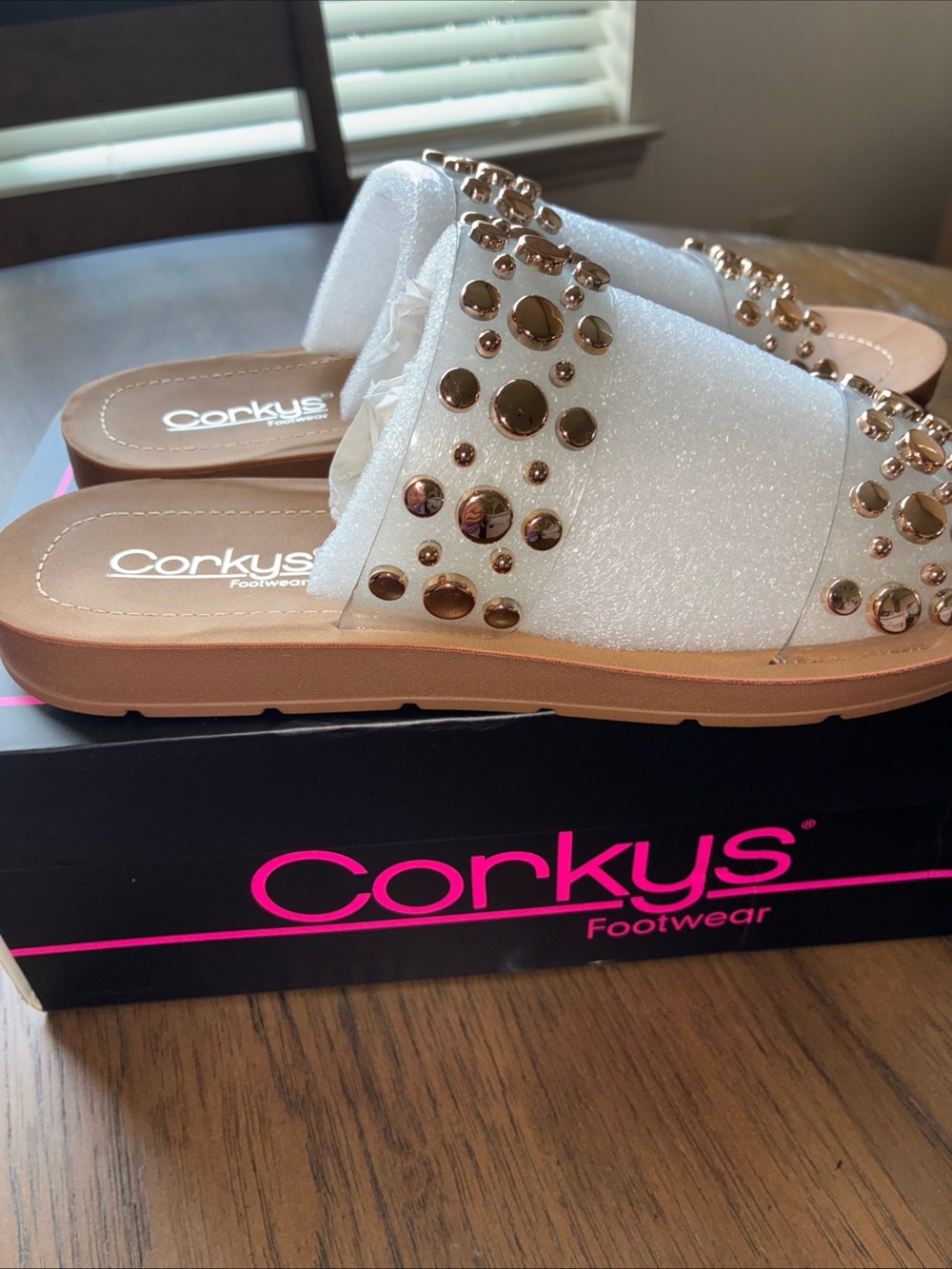 Corkys White Glitter Slide Sandals with Gold Studs - Picture 2 of 8